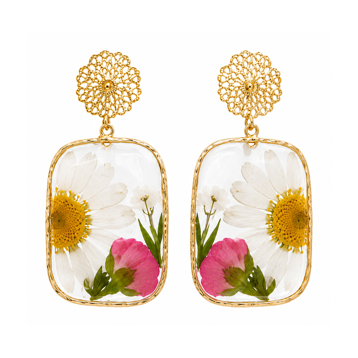 Ohrhänger Blütenfenster groß – Margerite & Rosé