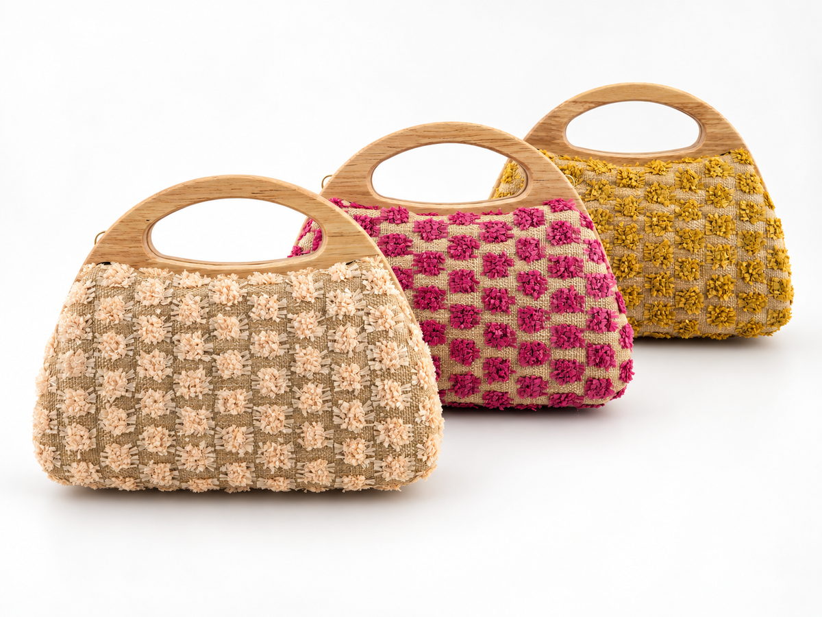 Elena – Handtasche mit Holzgriff und Blütenstruktur