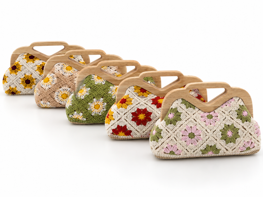 Rosi – Häkeltasche mit Blumenmuster und Holzgriff